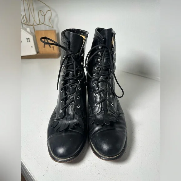 Laredo Kiltie Lace-Up Ankle Boots Womens 7M Black Leather Western Vintage Roper - Picture 2 of 8